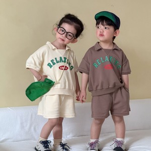 サマースウェットロゴセットアップ（アイボリー／モカ）QQMM 2026夏｜80-150cm｜上下セット｜ポロ｜子供服｜韓国子供服｜男の子 ［取寄］