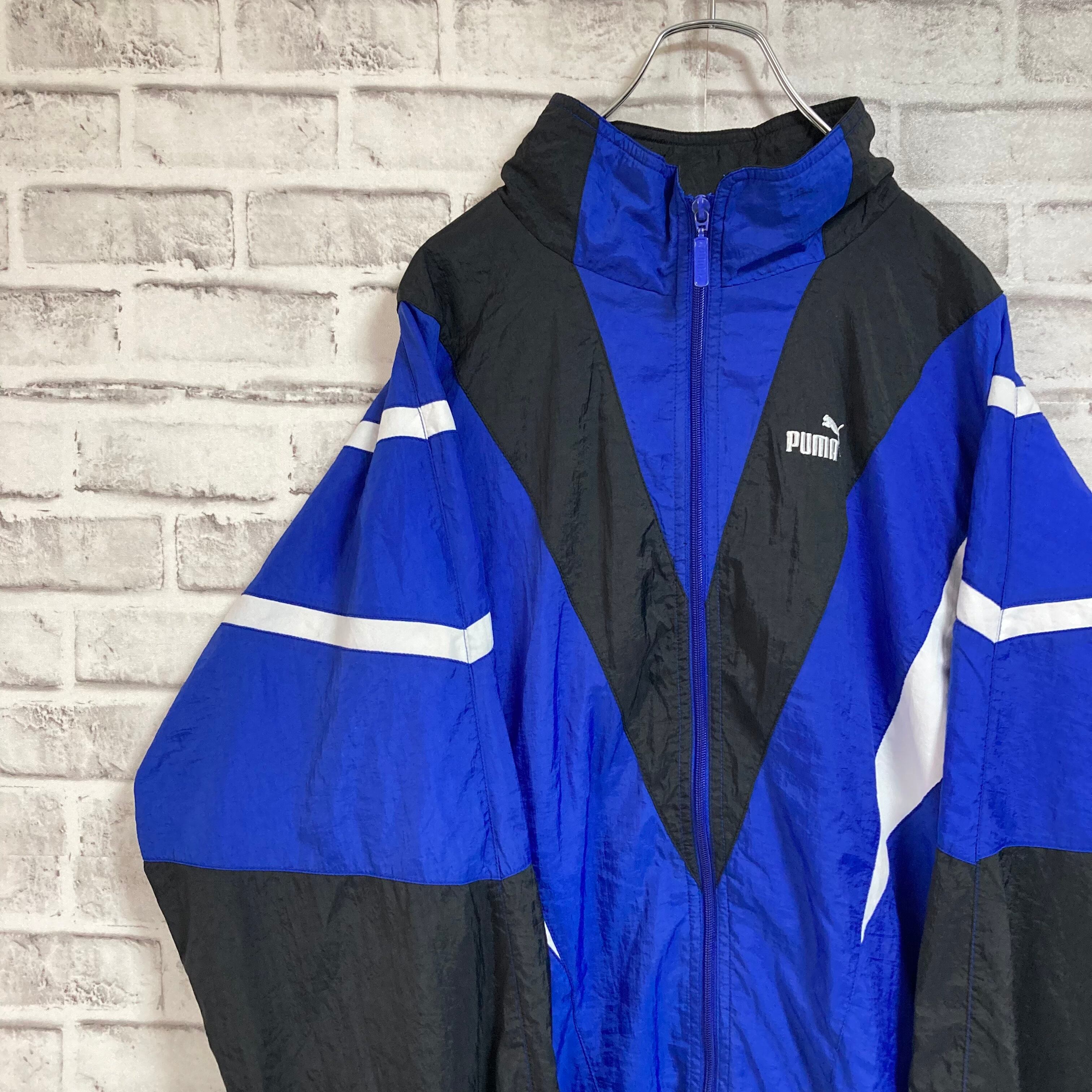 【PUMA】Nylon Jacket L 90s プーマ ナイロンジャケット 切替 刺繍ロゴ 胸ロゴ ブルー アウター アメリカ USA 古着