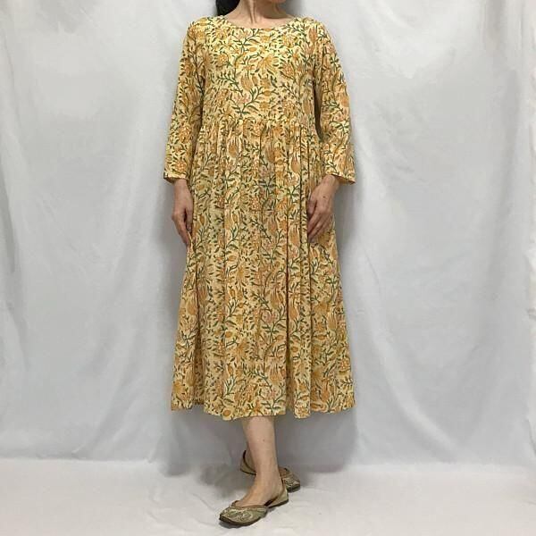 【SALE20%OFF!】ブロックプリントスラブコットンワンピース イエロー M/XLサイズ