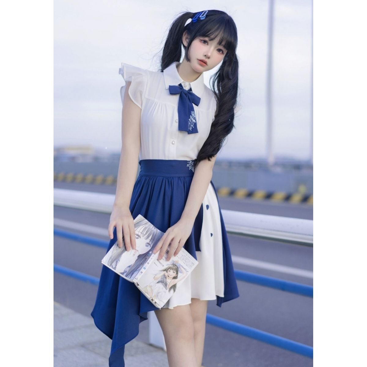   紺色シャツと白スカートセット 紺青のワルツアシンメトリーセットアップ | Maiden's Rêve