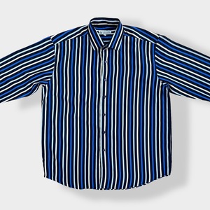 【L'HOMME MODERNE】ストライプシャツ 長袖シャツ ポリシャツ カジュアルシャツ マルチカラー アースカラー XL相当 ビッグシルエット US古着