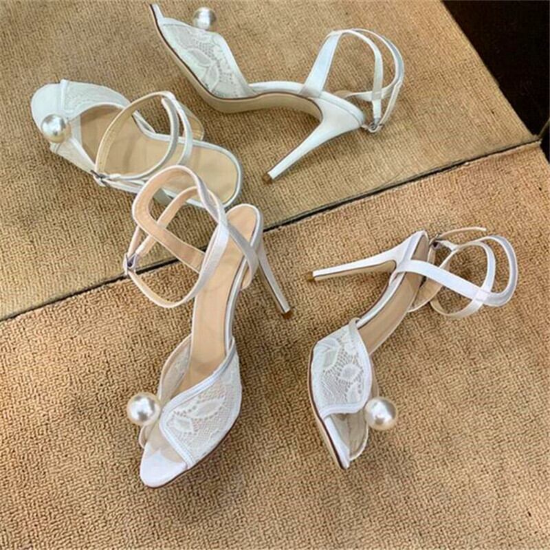【新作】【送料無料】 特大パールデコレーションレースレザーレディースハイヒールホワイトラウンドトゥハイヒールサマーレディースパーティーサンダル 靴 シューズ 夏物 ラウンドトー 真珠 10b378878375454