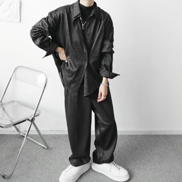 【予約販売】メンズ セットアップ 上下 長袖シャツ ブラック ホワイト モード 男前 韓国 パンツ セット リラックス カジュアル お洒落 韓国 トレンド 大きいサイズ M/L/XL/2XL