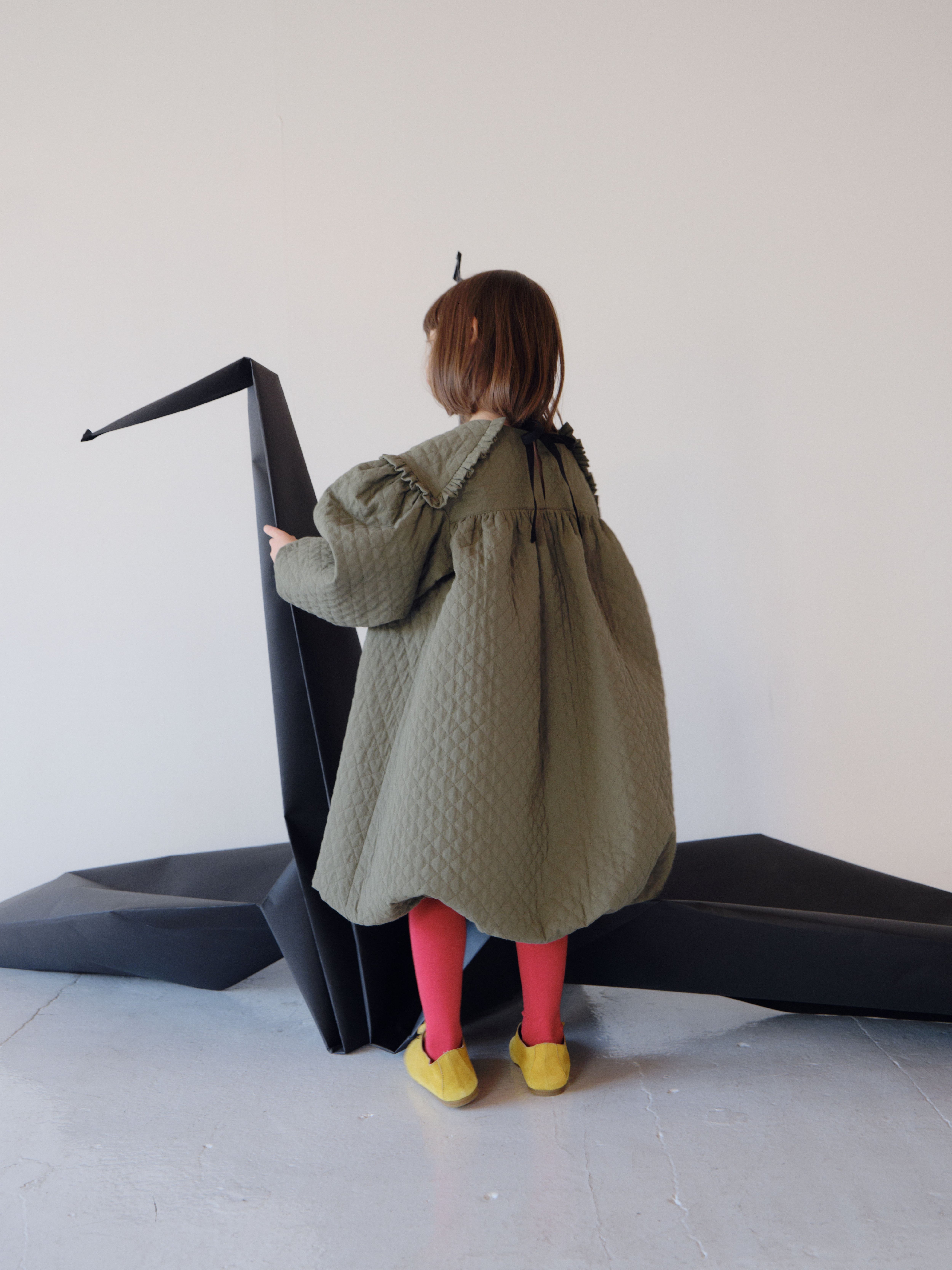 26AW】folkmade(フォークメイド)Quilted Balloon Dress OLIVE GREEN(LL