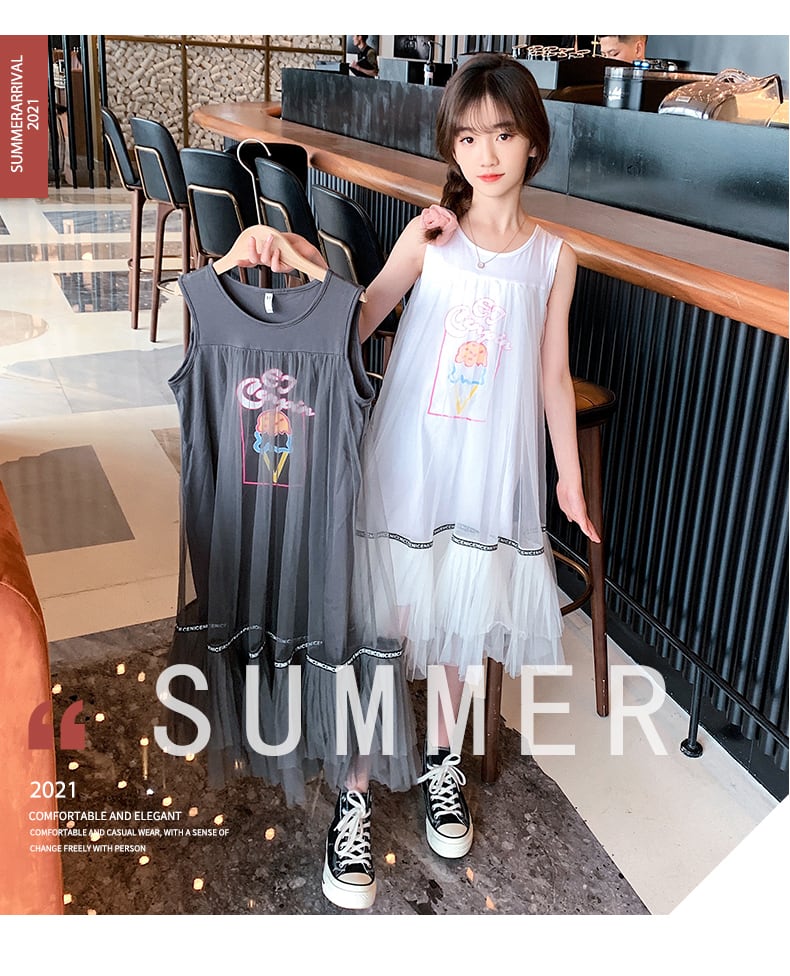 チュール重ね着風 キッズ ノースリーブワンピース ワンピース Tシャツ 子供服 子ども服 キッズ ファッション イラスト入り シンプル フレア カジュアル 綿 春 夏 110 150 小学生 通学 送料無料 韓国レディース キッズファッション Londonbridge ロンドンブリッジ