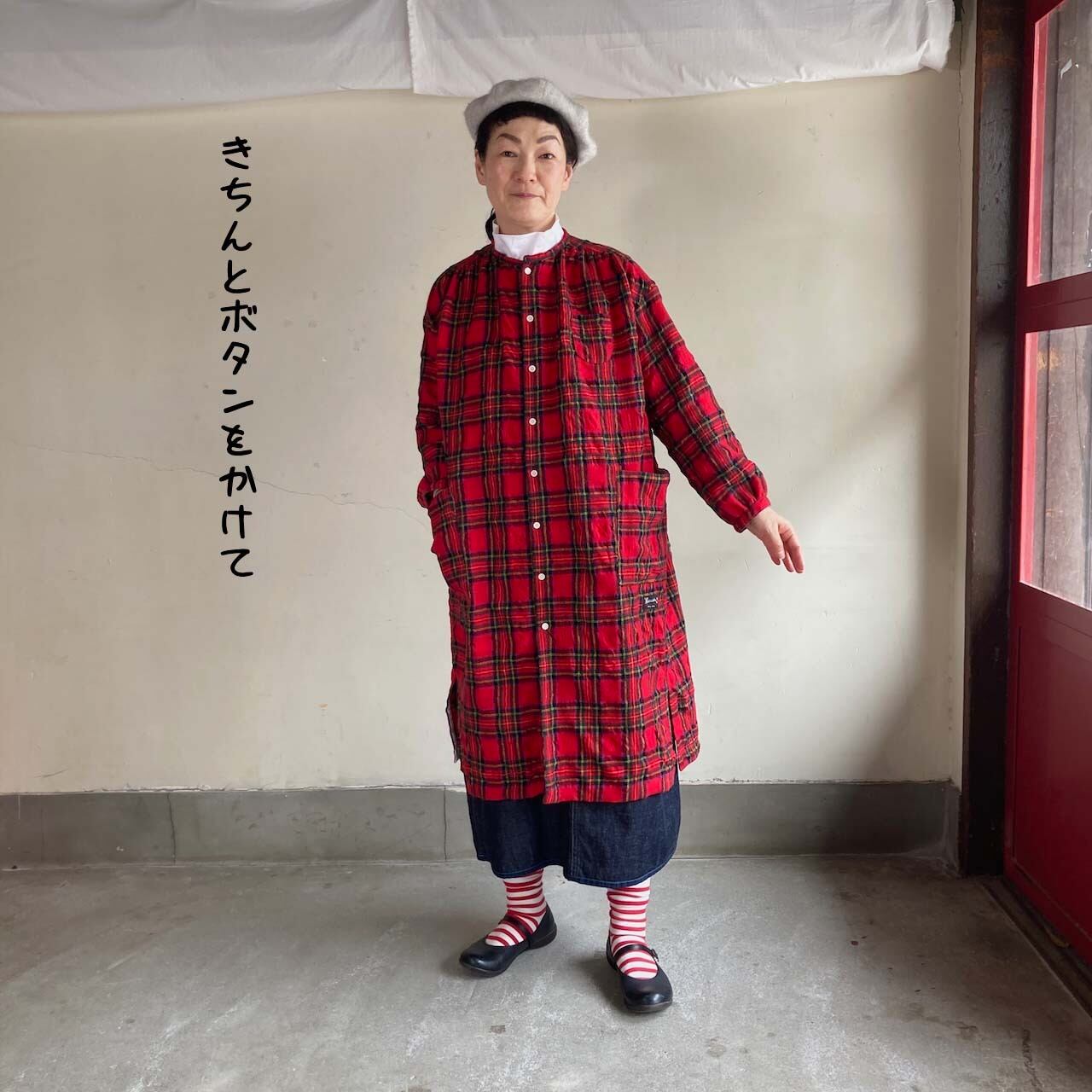 Wideスタンド衿&ギャザーワンピース タータンフォーエバー 53OP25