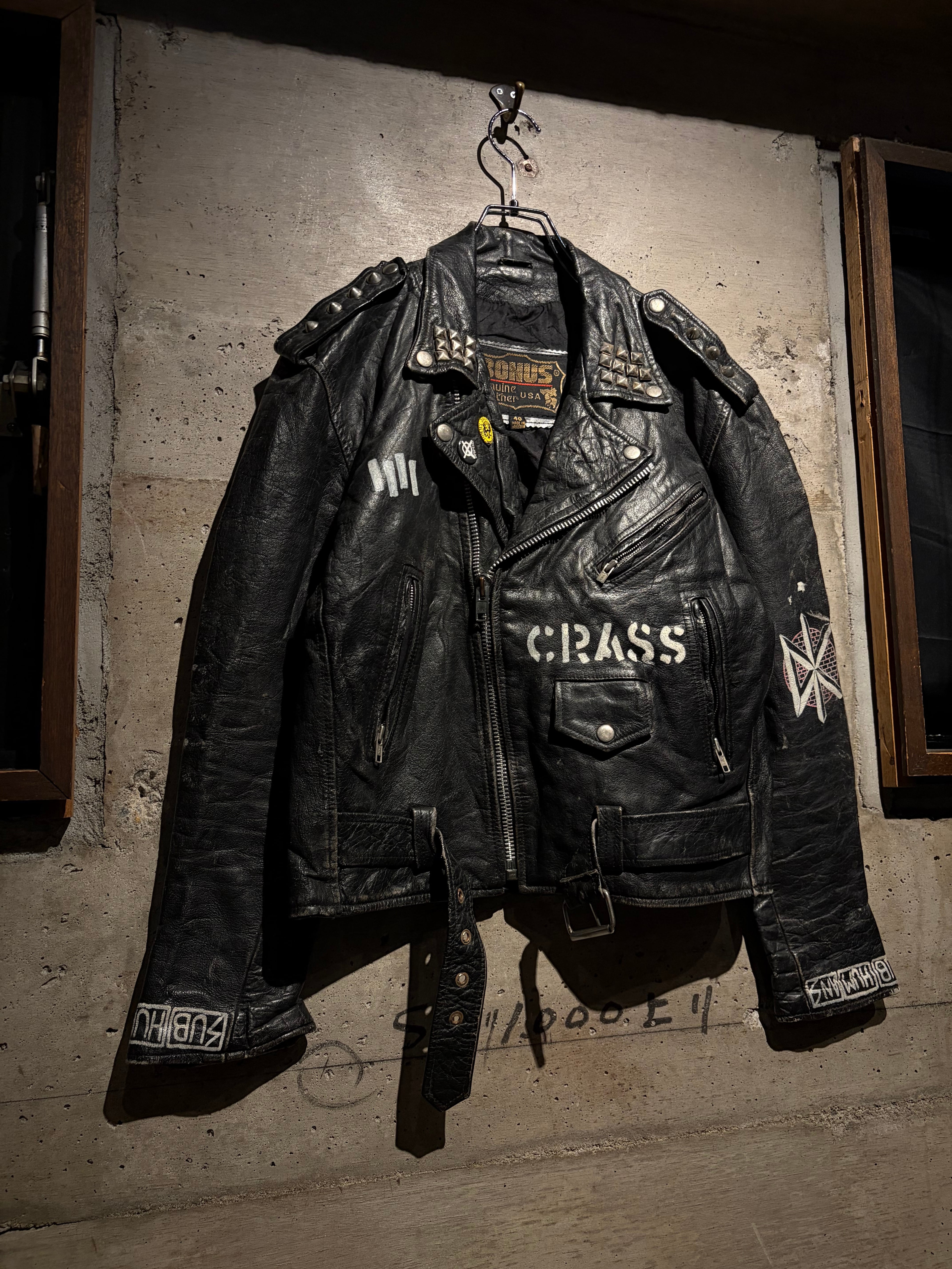 Caka】80's Studs × Band Paint Custom Double Riders Leather Jacket