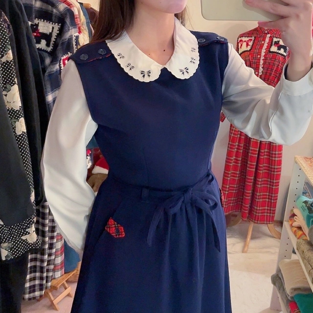 red check liner navy jumper skirt