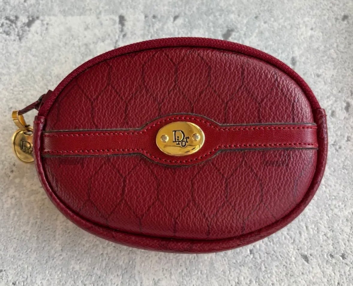 Christian Dior ラウンドプレート ハニカム柄マルチコインケース レッド