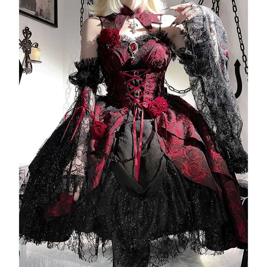 ロリータファッション 深紅の薔薇レースゴスロリロングワンピース
