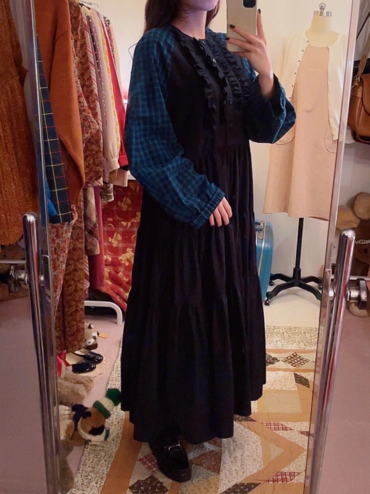 original / black × green check raglan sleeve one-piece