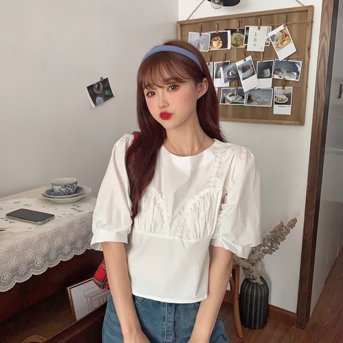 ✞ シャツブラウスラウンドネックレースプリーツスリーブショートトップス ステッチ ✞ゴスロリ SM ミリ 甘ロリ クラロリ 和ロリ エレガント 黒ロリ 姫ロリ 華ロリ BB-BB7263595