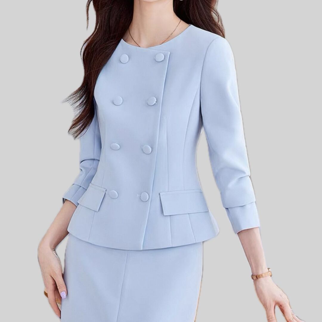 Waist tuck design pea coat jacket and semi flare tight long skirt setup 00121