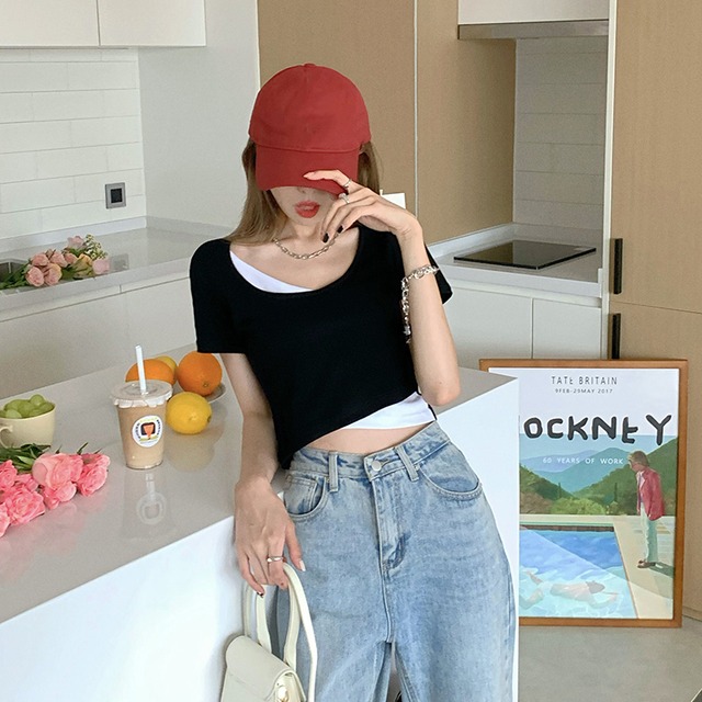 Tシャツ サマーショートブラックトップス 夏物 ブラックストロベリース93223222446