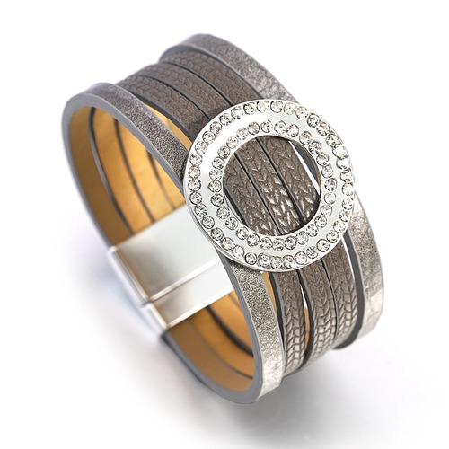 チャーム バングル ブレスレット  ラインストーン レザー レトロ レディース メンズ 透かし ディスク 多層