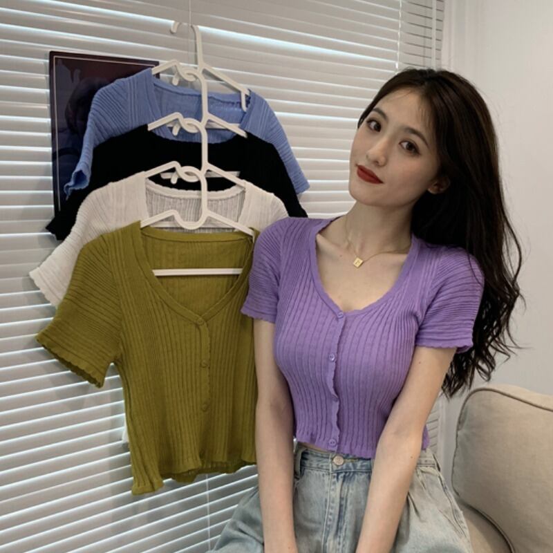 クロップドトップス スプリングサマーレッドスタイルVネックニットシャツ ハイウェストウェストショート 半袖 ハーフスリーブ 春物 夏物 シルク YY-ファッション92552932102