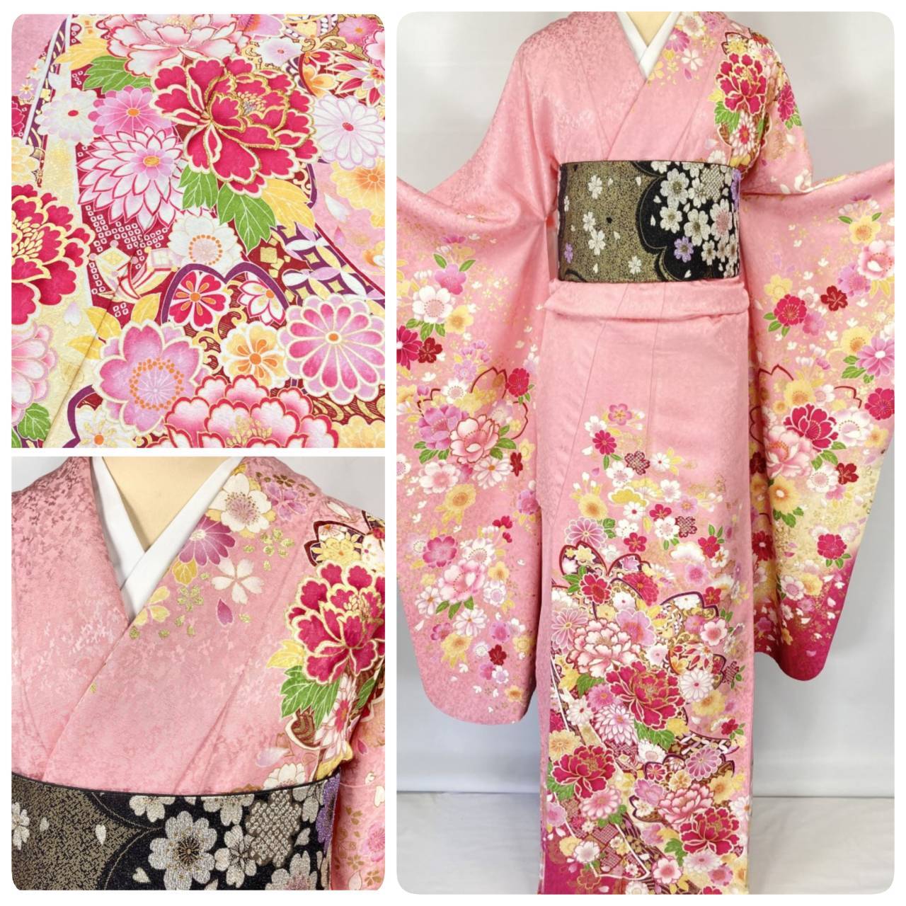 新品未使用正絹振り袖用桜がらの美しい袋帯です裏も桜の織が施されていて素敵です桃李着物帯
