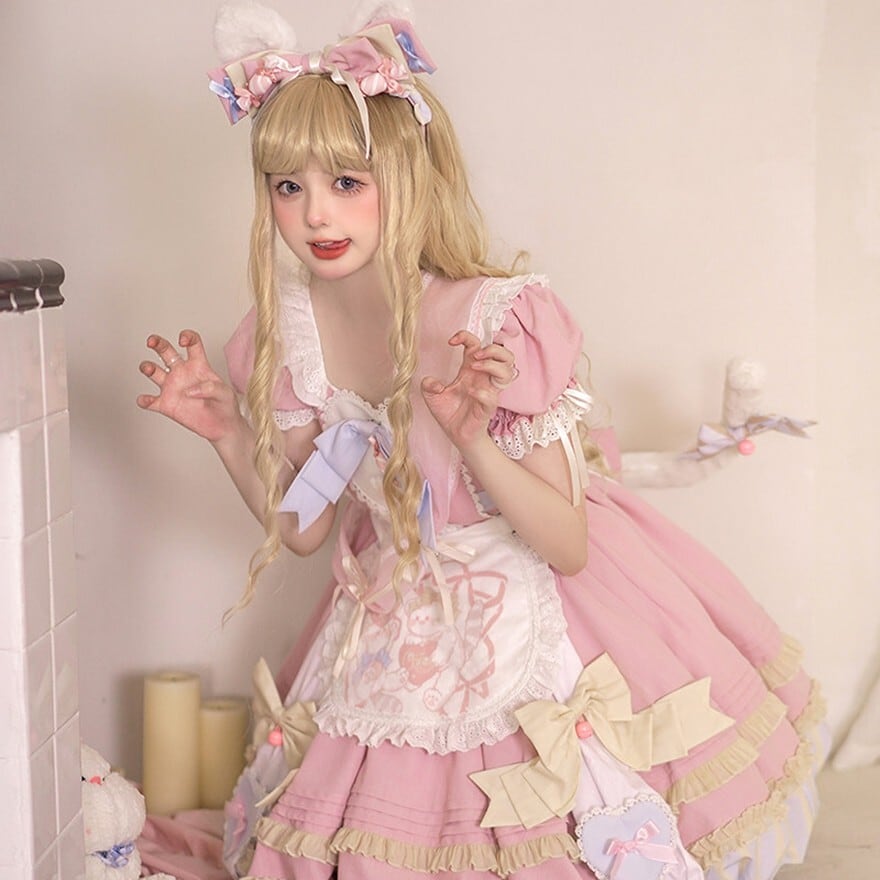 ロリータファッション 甘ロリ猫モチーフリボンフリルピンクワンピース