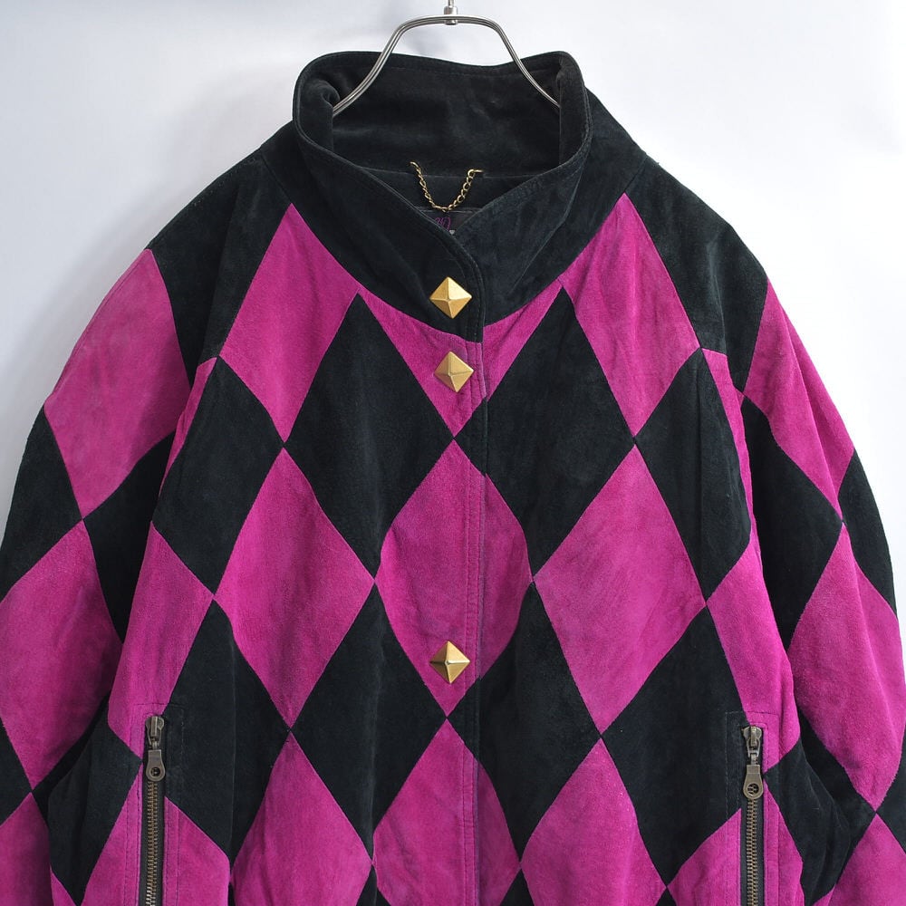 80s~ Giorgio Mobiani チェッカーパターン ダイヤ柄 スエードレザー スタッズデザイン ジャケット 本革 ブルゾン サイケデリック ブラック ピンク ユーロヴィンテージ ビンテージ ヨーロッパ古着 レディースXL相当