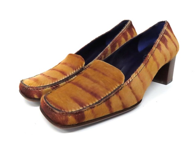 【美品】 FENDI フェンディ ゼブラ柄 ハラコ レザー スクエア パンプス ローファー ヒール シューズ 靴 38.5 キャメル×ベージュ 伊製