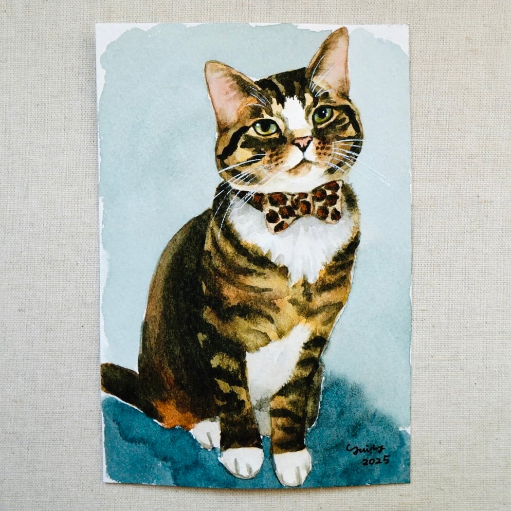 猫の絵 386 水彩画 原画 キジ白 | Forest cat
