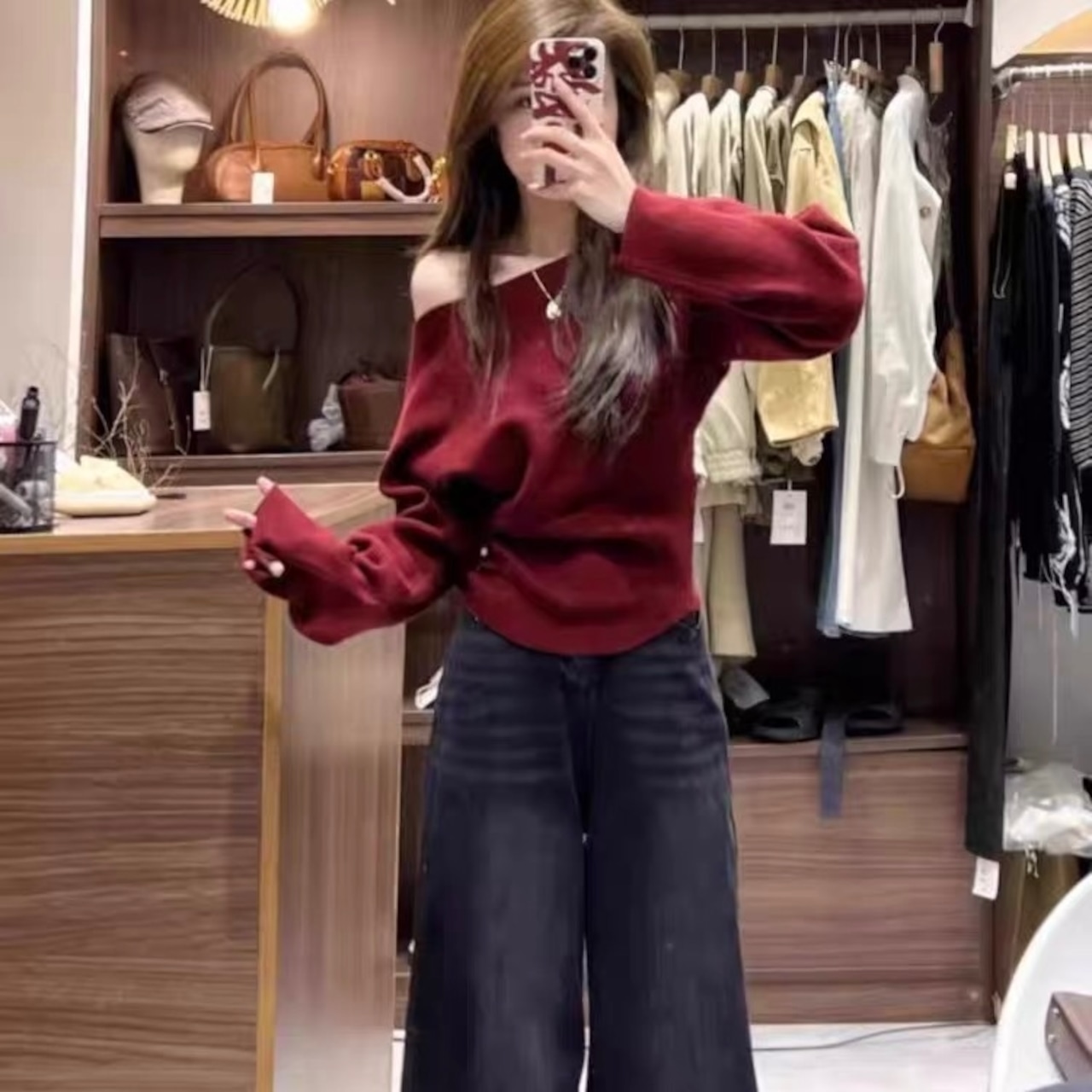 Side-Button Pleated Long-Sleeve Knit Top