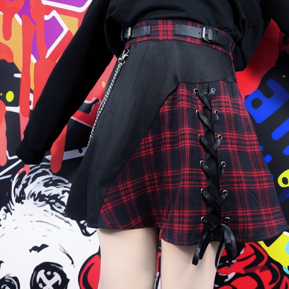 GOTHIC RED CHECKインパン付きスカート【取り外し可能チェーン付き