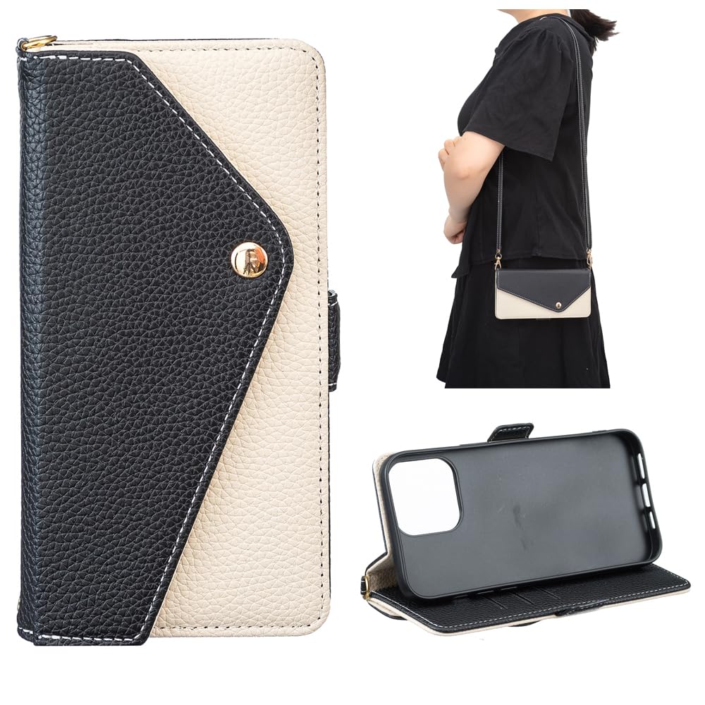 case for iPhone 16 ケース アイフォン16 カバー 手帳型 おしゃれ かわいい ショルダー 斜めがけ 【BOBOTO1】 ストラップ ブック型 カード収納 スタンド機能付き マグネット開閉式 財布型 小銭収納 全面保護 耐衝撃 (B1-黒, iPhone16)