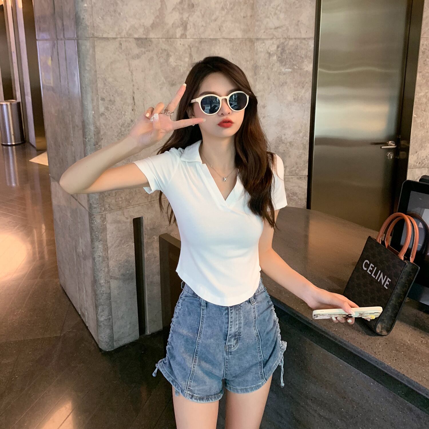 ショートカラーTシャツ レディースサマースリムホワイトトップス 夏物 6Du_Shop_Women40687046701