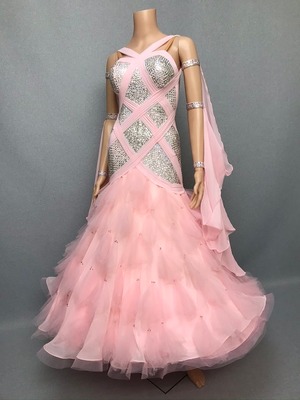 ハイクオリティAUドレス　スパンコール ドレス　社交ダンス ドレス　スタンダード　モダン　ベビーピンク　M　ST-101　デモ・競技用ドレス　発表会　衣装　パーティドレス　舞台衣装　ワンピース