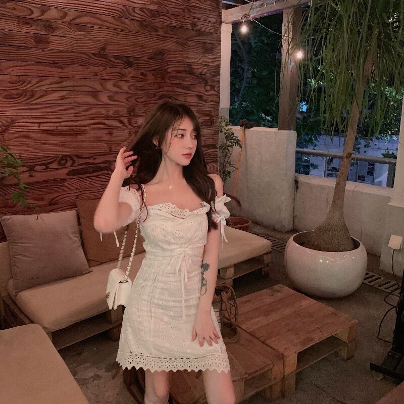 レースワンラインカラーセクシーホワイトドレス女性夏気質ウエストスリミングショートスカート2020新スカート ブラックストロベリース51664583326