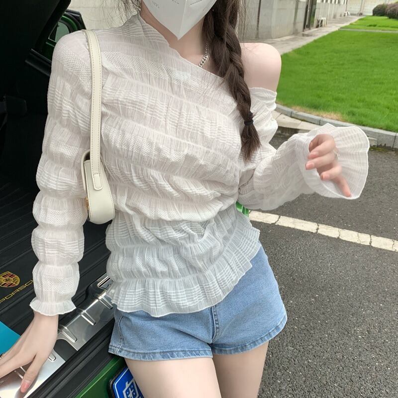 スタンダードプリーツスリーブシャツ レディーススタイルスリムトップス ロング レトロ ハンチェンe16493201132