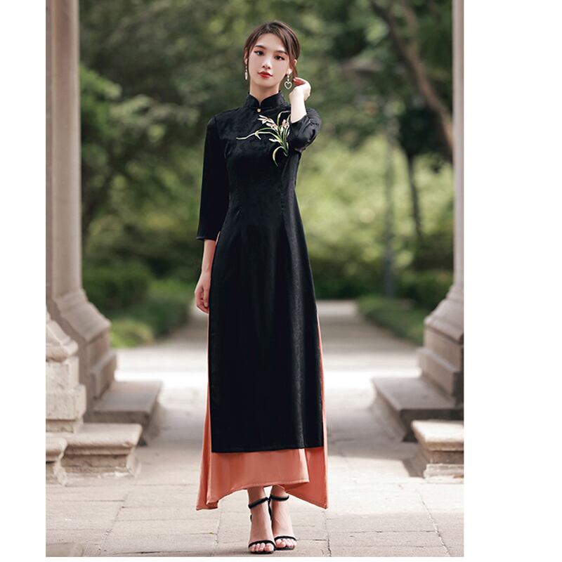 紅彩衣シリーズ セットアップ 2点セット チャイナ風ワンピース アオザイ チャイナドレス ロング丈 Elegant