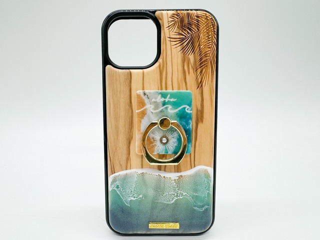 Sea/wood×resin navy blue wave 手帳型case(walnut)