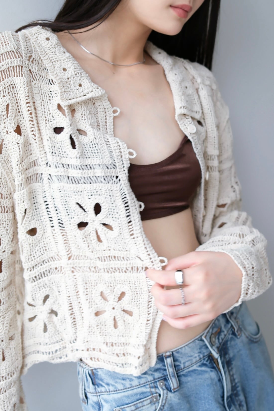Crochet Knit Cardigan カギ編みニットカーディガン White | planet3rd