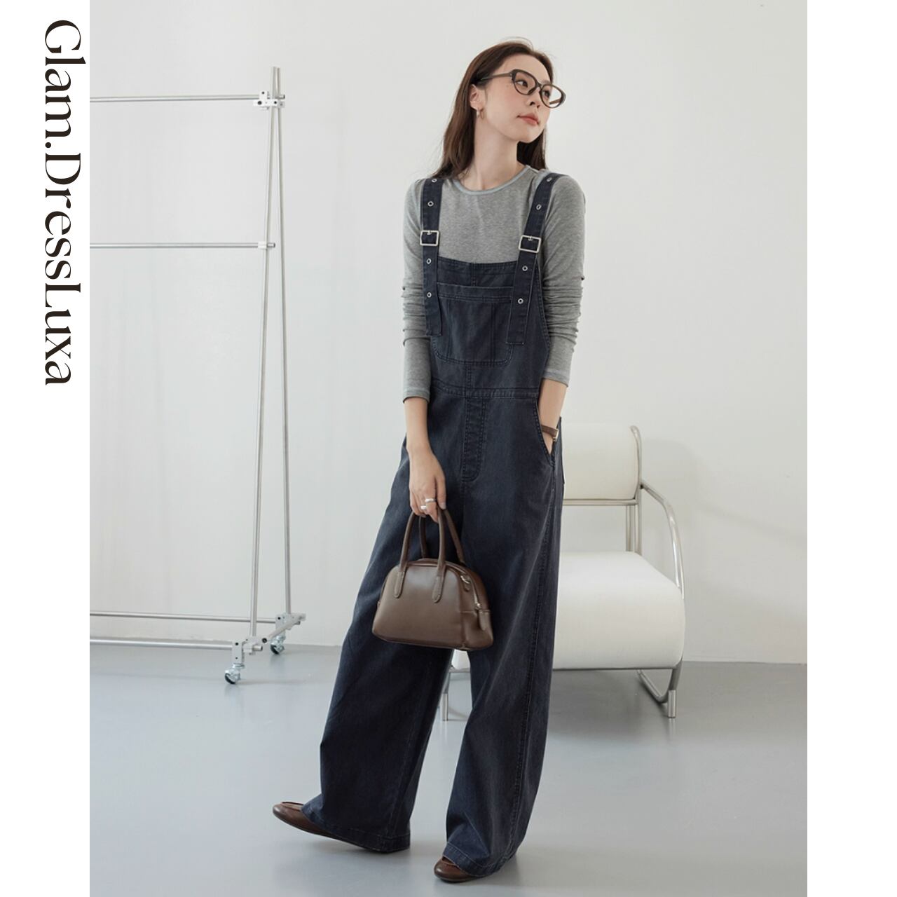 ワイドシルエットdenimサロペット/2color_O50