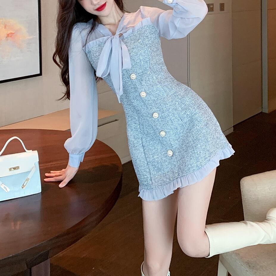 ワンピース レディース ドレス ミニワンピース ドッキングワンピース ミニ丈 ショート丈 袖あり ボリューム袖 リボンタイ 裾フリル タイト 細身 ツウィード シフォン フリル リボン ドッキング 透け感 シースルー かわいい 大人可愛い きれいめ シンプル 上品 エレガント 清楚 フェミニン おしゃれ 綺麗 お嬢様 おとな 送料無料 ガーリー 華やか 爽やか 無地 オフィス OL 学生 デート お出かけ 女子会 休日 S M L グレー 春 夏 秋 記念日 二次会 10代 20代 30代 美脚 脚長