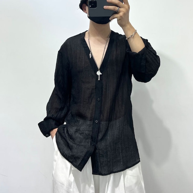 Vネック シアー シャツライクトップス 2color W01542
