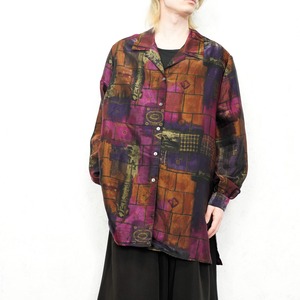 USA VINTAGE ALISON DALEY RETRO PATTERNED OPEN COLLAR DESIGN SATIN SHIRT/アメリカ古着レトロ柄オープンカラーデザインサテンシャツ