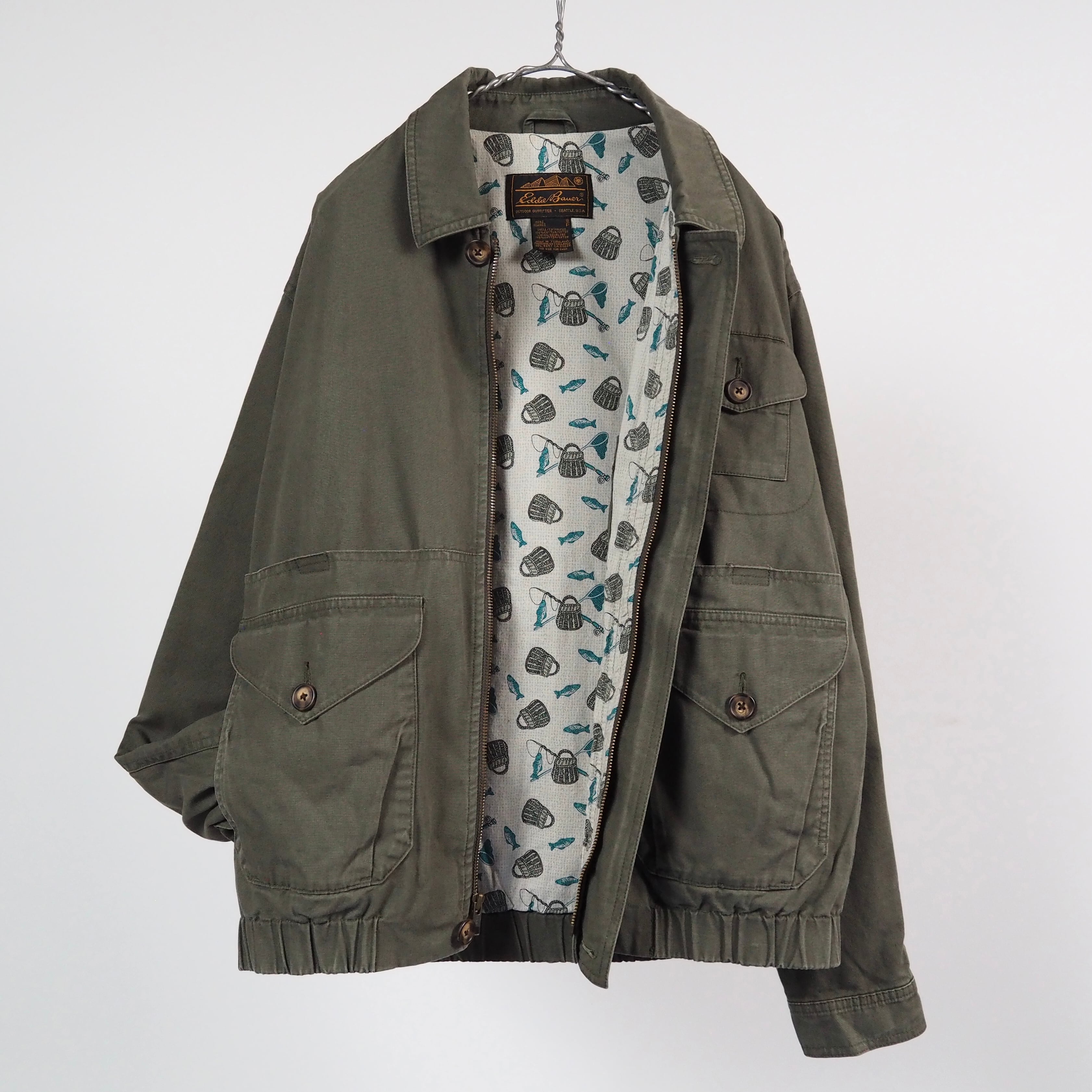 Eddie Bauer cotton fishing jacket S (fits like L) Olive 80s エディーバウアー フィッシングジャケット