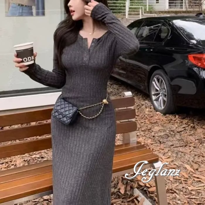 3色 ニット ワンピース Aライン ボタン シンプル派 大人シック(MB484)γ☆