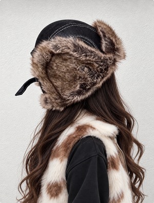 2way leather×fur flight cap／Black【ユニセックス】