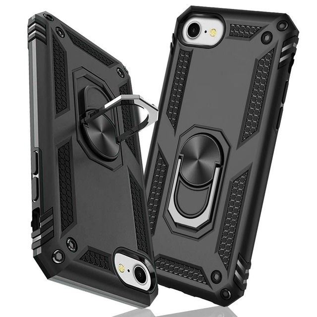 TMUJWS iPhone 7/iPhone 8/iPhone SE 用ケース 第2世代【2020年新型】リング 耐衝撃 衝撃吸収 傷防止 全面保護 カメラ保護 スタンド付き TPU+PCバンパー 指紋防止対策 二重構造 360度回転 防塵 車載ホルダー対応 黄変防止 米軍MIL規格 軽量 薄型 耐傷性 安心保護 滑り止め 人気 携帯カバー 黒 MZ61-04