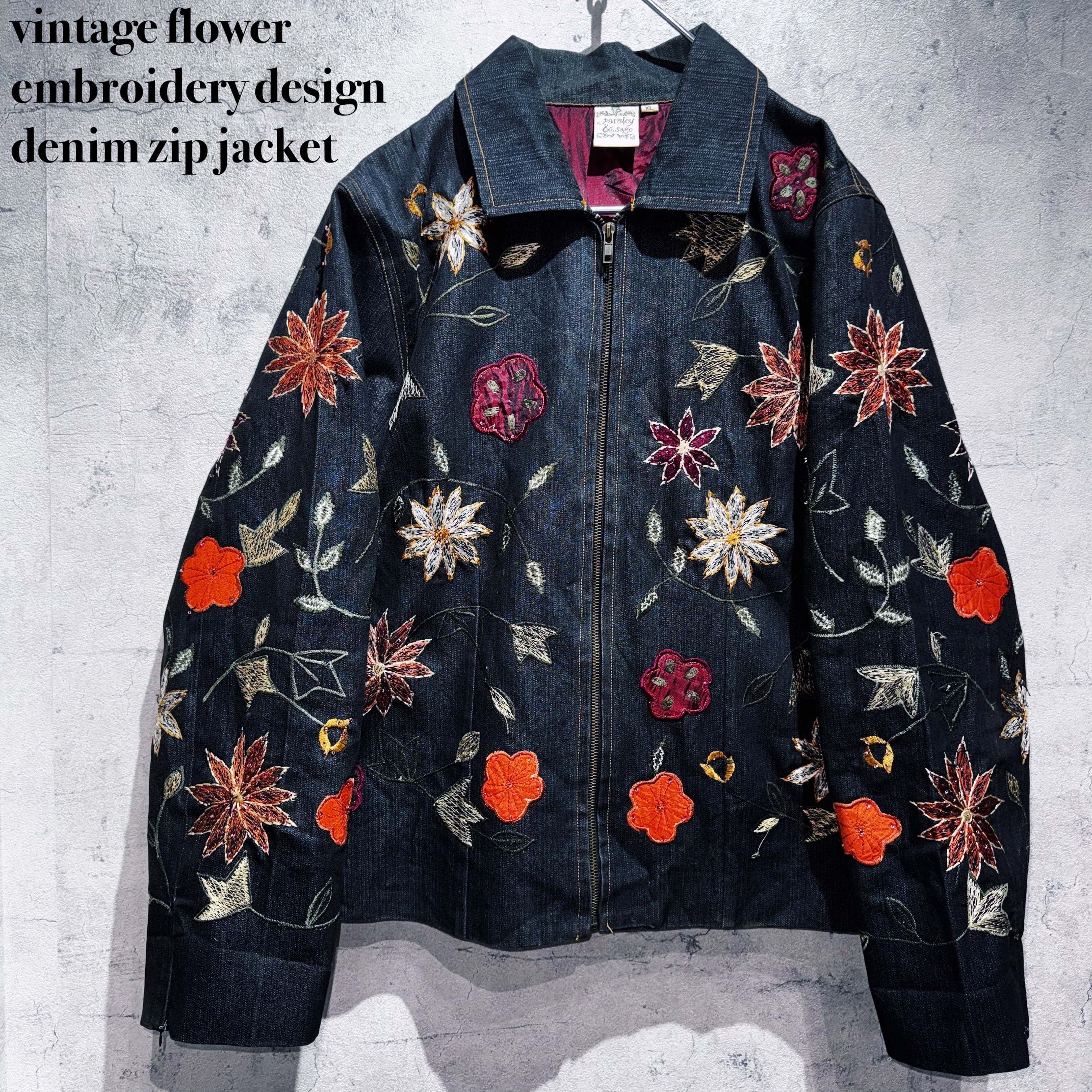 vintage flower embroidery design denim zip jacket