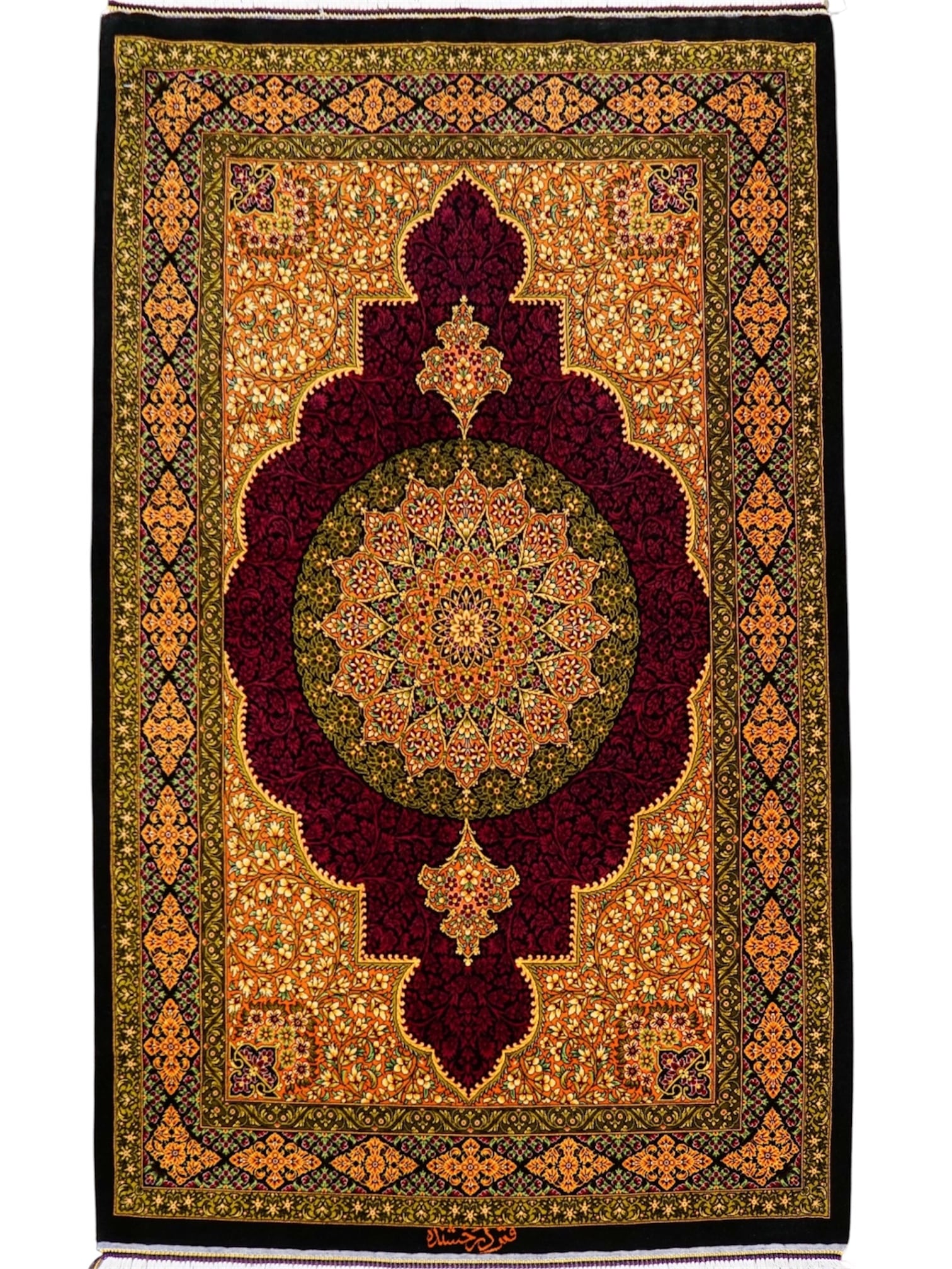 ペルシャ手織り絨毯 クム産 シルク100% シラージ工房 147×97cm