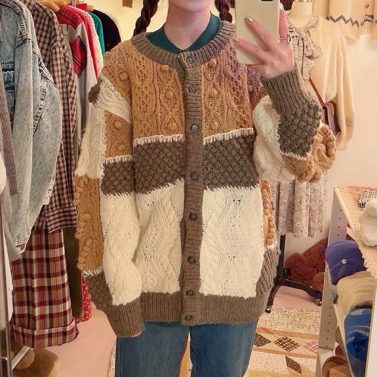 patchwork ponpon knit cardigan