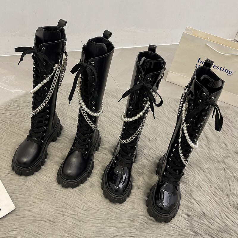 ブーツサマーレッドパールチェーン スタイルブラックレザー 靴 シューズ 夏物 真珠 部族の婦人靴1220473854