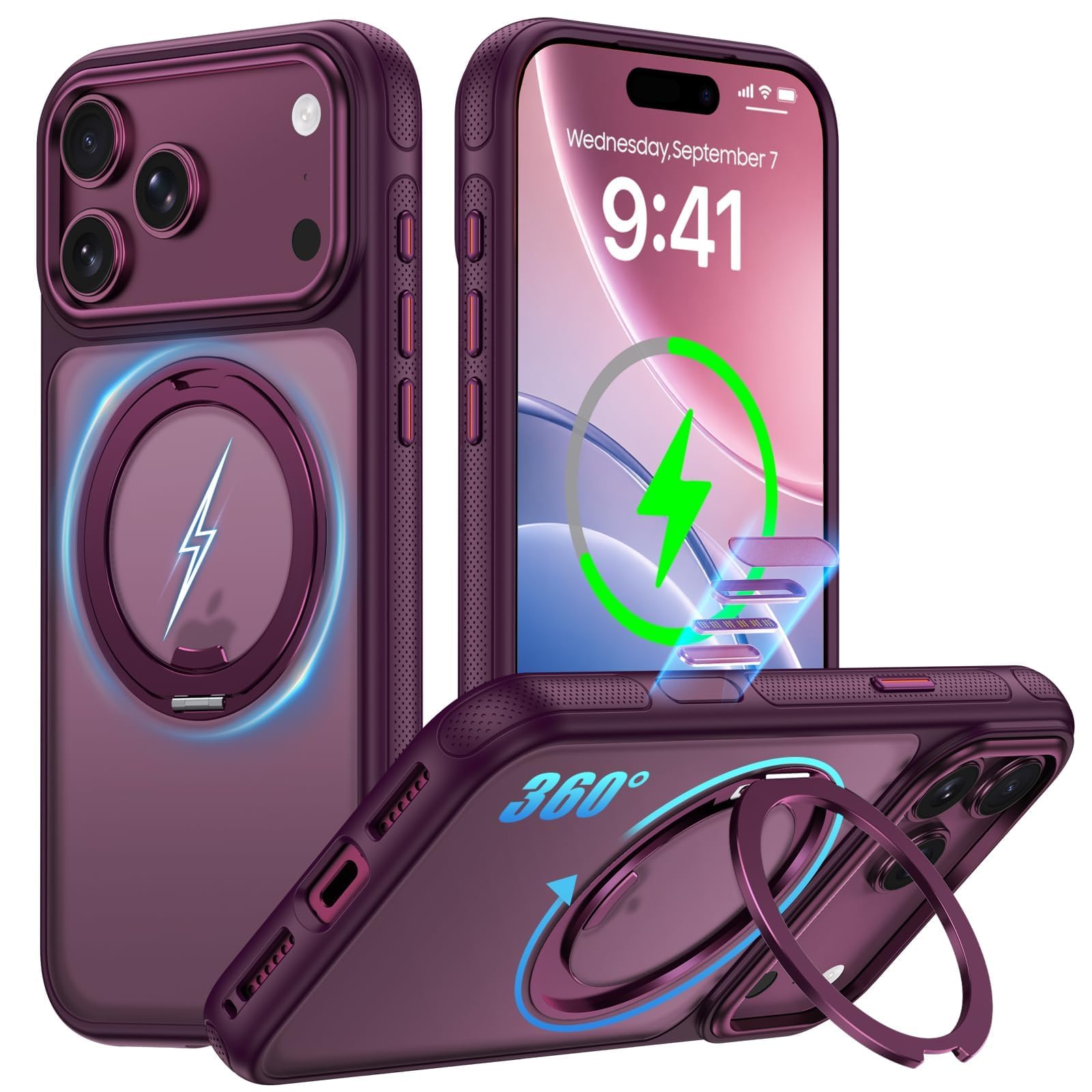 OURJOY iPhone 18 Pro/17 Pro 用 ケース MagSafe対応 360度回転スタンド 微細なドット マット感「バーガンディ」