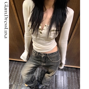 Metal Button Pocket Rib Cut Top/2color_T1634