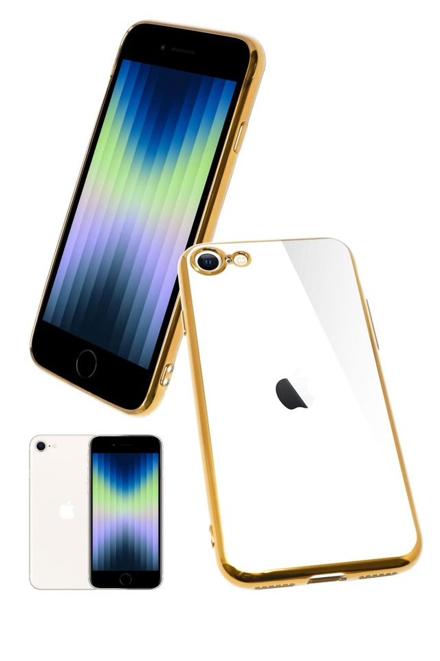 シズカウィル iPhone SE 第3世代 / 8 / 7 用 ケース サイドメッキ加工 ストラップ付 ゴールド×クリア 1個入り